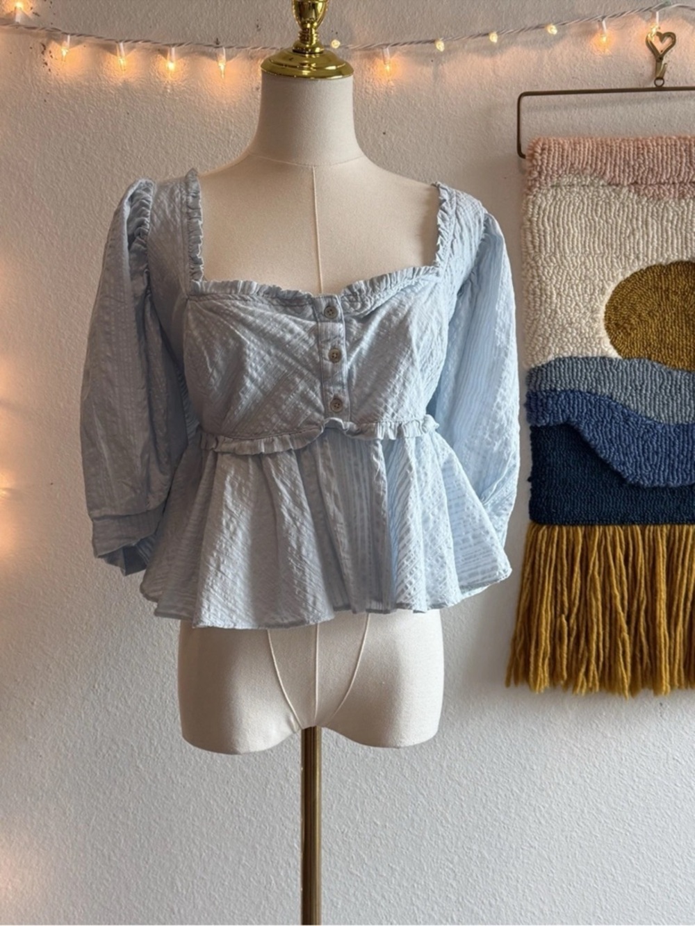 Free People Top Women’s Size L Blue Leave It To Me In Cool Air Babydoll Fairy